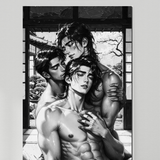 Erotic Art Print | Three Muscular Men Intimate Embrace | Japanese Fantasy | Digital Wall Art | Homoerotic Nude Throuple | 4 Sizes