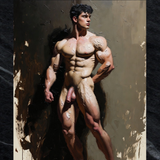 Estampa artística erótica gay NSFW | Pose de músculo aceitado y flexionado | Potencia barbuda desnuda | Fantasía pictórica homoerótica al óleo | 4 tamaños