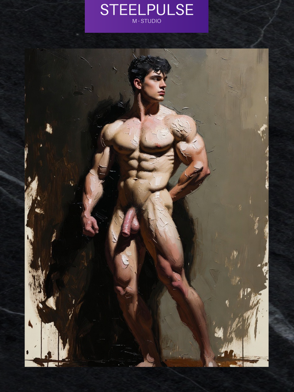 NSFW Gay Erotic Art Print | Oiled Muscle Flex Pose | Bearded Powerhouse Nude | Homoerotic Oil Painting Fantasy | 4 Sizes