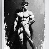 Estampa artística erótica gay NSFW | Pose de músculo aceitado y flexionado | Potencia barbuda desnuda | Fantasía pictórica homoerótica al óleo | 4 tamaños