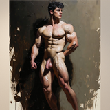 Estampa artística erótica gay NSFW | Pose de músculo aceitado y flexionado | Potencia barbuda desnuda | Fantasía pictórica homoerótica al óleo | 4 tamaños