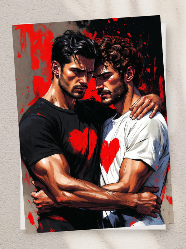 NSFW Greeting Card | Passionate Male Embrace Red Hearts | Gay Lovers Intense Hug | Erotic Valentine Card | 5x7 Single/5-Pack