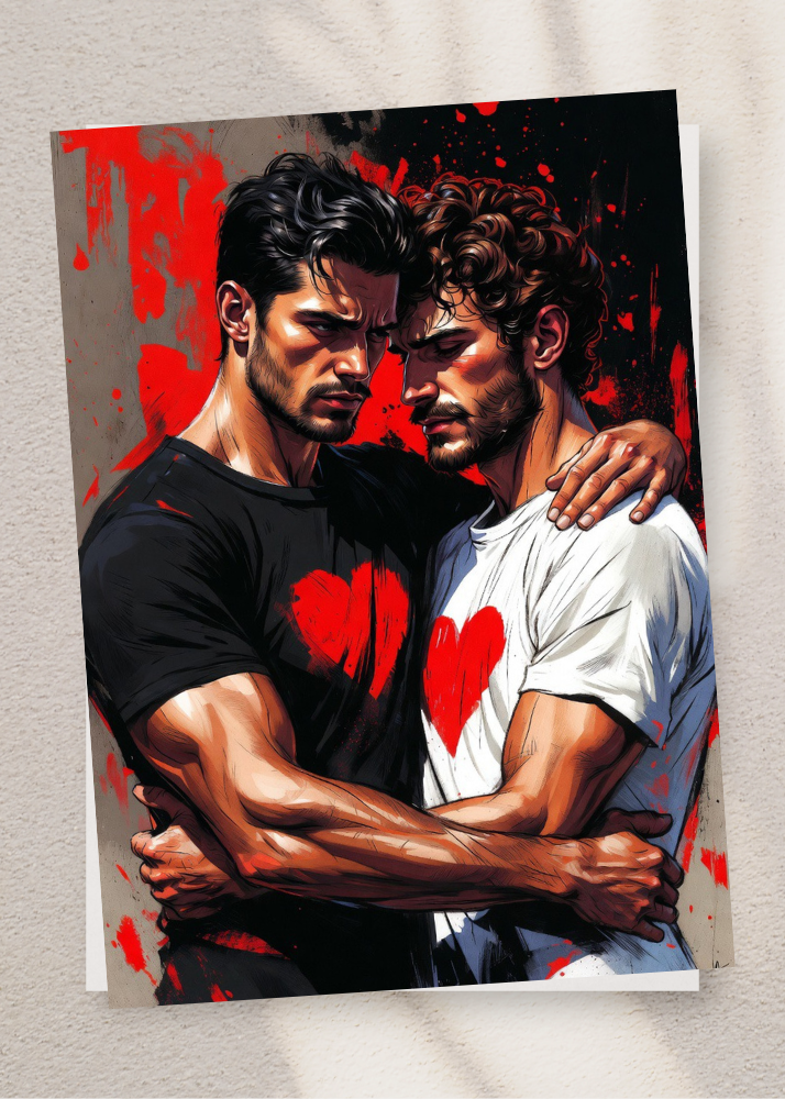 NSFW Greeting Card | Passionate Male Embrace Red Hearts | Gay Lovers Intense Hug | Erotic Valentine Card | 5x7 Single/5-Pack