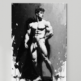 Estampa artística erótica gay NSFW | Pose de músculo aceitado y flexionado | Potencia barbuda desnuda | Fantasía pictórica homoerótica al óleo | 4 tamaños
