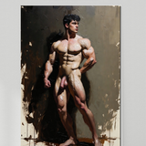 Estampa artística erótica gay NSFW | Pose de músculo aceitado y flexionado | Potencia barbuda desnuda | Fantasía pictórica homoerótica al óleo | 4 tamaños