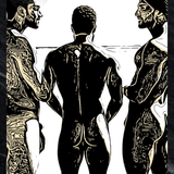 A black and white line art print of a gay male nude Mediterranean trio | Choose Size
