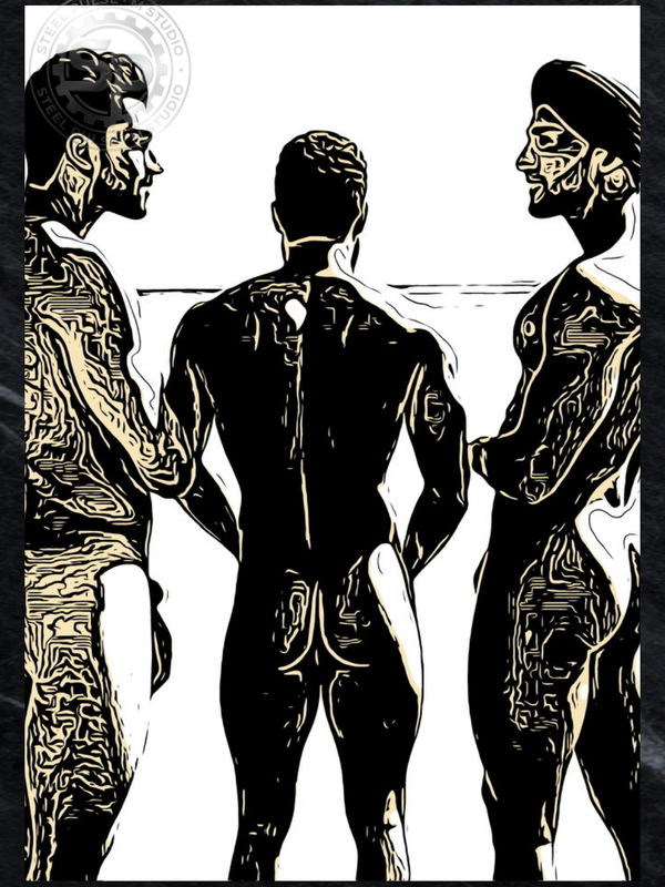 A black and white line art print of a gay male nude Mediterranean trio | Choose Size