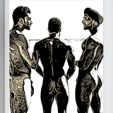 A black and white line art print of a gay male nude Mediterranean trio | Choose Size