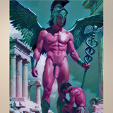 Gay Erotic Art Print | Winged God & Kneeling Worshipper | Mythical Homoerotic Fantasy | Muscular Nude Greek Wall Art | 4 Sizes
