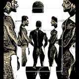 A black and white line art print of a gay male nude Mediterranean trio | Choose Size