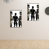 A black and white line art print of a gay male nude Mediterranean trio | Choose Size