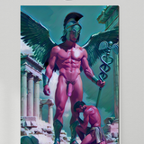 Gay Erotic Art Print | Winged God & Kneeling Worshipper | Mythical Homoerotic Fantasy | Muscular Nude Greek Wall Art | 4 Sizes