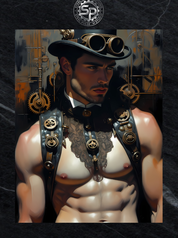 Gay Erotic Art Print | Steampunk Male Nude Top Hat & Gears | Digital Painting Wall Art | Sexy Homoerotic Artwork | 4 Sizes