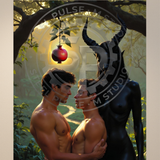 Gay Erotic Art Print | Temptation in Eden: Two Nude Men & Horned Demon | Mythical Homoerotic Fantasy | Sensual Male Wall Art | 4 Sizes