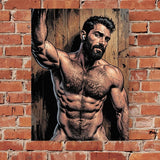 Bearded Man Comic Art Print, Muscular Hairy Male Portrait Illustration, Rustic Wooden Background Wall Decor, Athletic Guy Fine Art