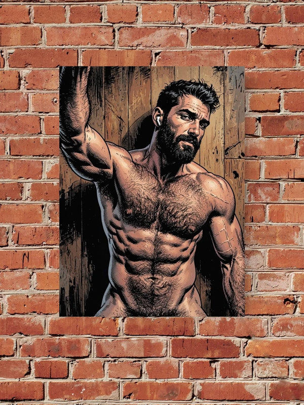 Bearded Man Comic Art Print, Muscular Hairy Male Portrait Illustration, Rustic Wooden Background Wall Decor, Athletic Guy Fine Art
