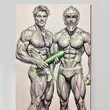 Lámina de Arte Erótico Gay | Portero de Hockey y Atleta Pepino | Dibujo Digital a Lápiz Arte de Pared | Fantasía Homoerótica Sexy | 4 Tamaños Disponibles