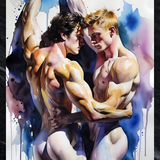 Gay Erotic Art Print | Muscular Men Forehead Touch Embrace | Watercolor Homoerotic Nude | Sensual Male Duo Fantasy Wall Art | 4 Sizes