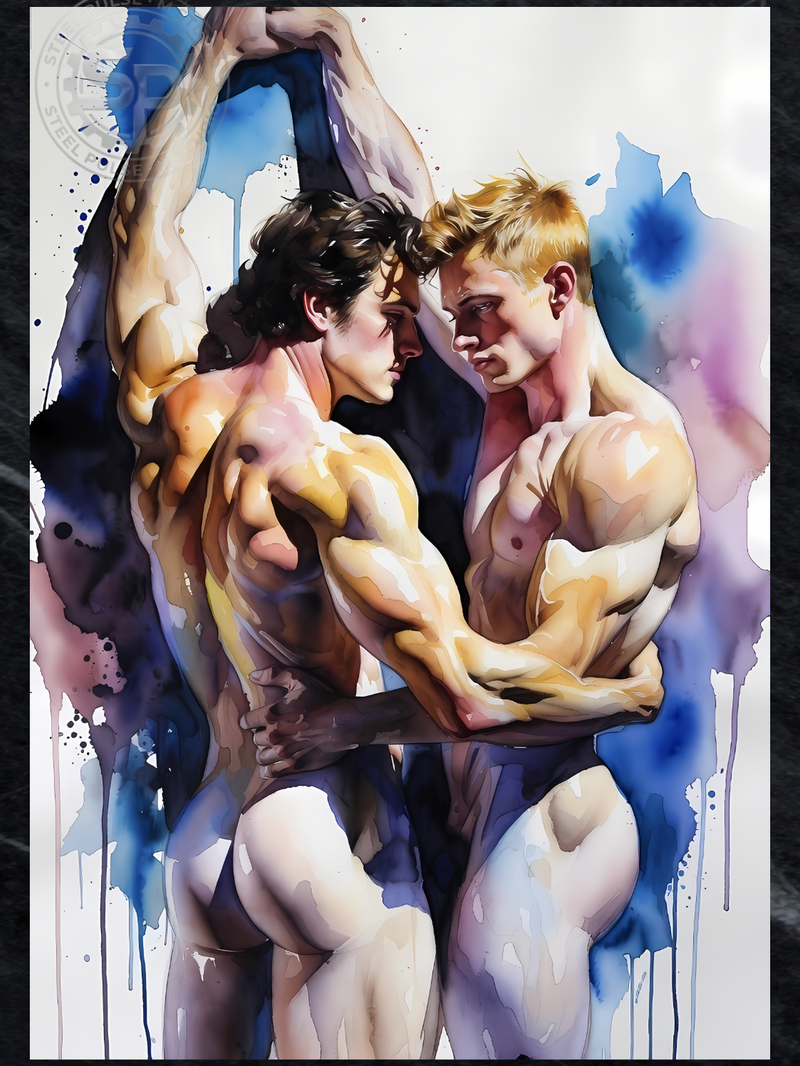 Gay Erotic Art Print | Muscular Men Forehead Touch Embrace | Watercolor Homoerotic Nude | Sensual Male Duo Fantasy Wall Art | 4 Sizes