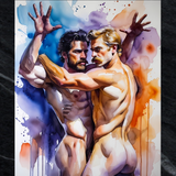 Gay Erotic Art Print | Muscular Bearded Men Wrestling | Watercolor Homoerotic Nude | Sensual Male Duo Fantasy Wall Art | 4 Sizes