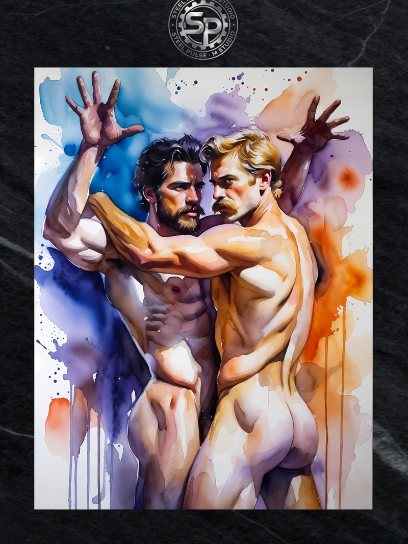 Gay Erotic Art Print | Muscular Bearded Men Wrestling | Watercolor Homoerotic Nude | Sensual Male Duo Fantasy Wall Art | 4 Sizes