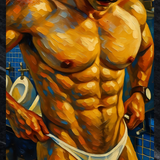 Lámina artística de ciencia ficción: Cyborg masculino. Fantasía erótica futurista.