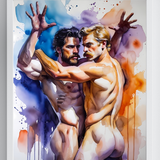 Gay Erotic Art Print | Muscular Bearded Men Wrestling | Watercolor Homoerotic Nude | Sensual Male Duo Fantasy Wall Art | 4 Sizes