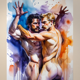 Gay Erotic Art Print | Muscular Bearded Men Wrestling | Watercolor Homoerotic Nude | Sensual Male Duo Fantasy Wall Art | 4 Sizes