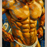 Lámina artística de ciencia ficción: Cyborg masculino. Fantasía erótica futurista.