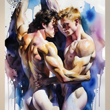 Gay Erotic Art Print | Muscular Men Forehead Touch Embrace | Watercolor Homoerotic Nude | Sensual Male Duo Fantasy Wall Art | 4 Sizes