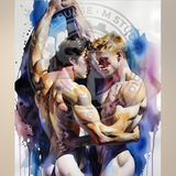 Gay Erotic Art Print | Muscular Men Forehead Touch Embrace | Watercolor Homoerotic Nude | Sensual Male Duo Fantasy Wall Art | 4 Sizes