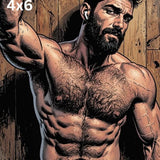 Bearded Man Comic Art Print, Muscular Hairy Male Portrait Illustration, Rustic Wooden Background Wall Decor, Athletic Guy Fine Art