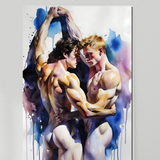 Gay Erotic Art Print | Muscular Men Forehead Touch Embrace | Watercolor Homoerotic Nude | Sensual Male Duo Fantasy Wall Art | 4 Sizes