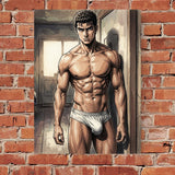 Anime Warrior Wall Art, Muscular Manga Man Print, Intense Comic Style Poster, Athletic Masculine Room Decor