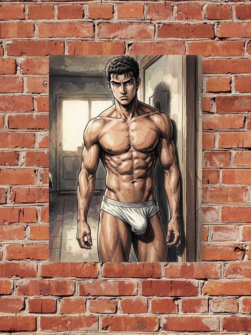 Anime Warrior Wall Art, Muscular Manga Man Print, Intense Comic Style Poster, Athletic Masculine Room Decor