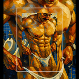 Lámina artística de ciencia ficción: Cyborg masculino. Fantasía erótica futurista.