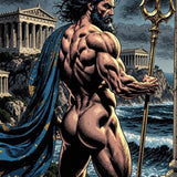 Poseidon Greek Mythology Comic Art Print, God of the Sea Wall Decor, Muscular Poseidon Trident Illustration, Ancient Greece Parthenon Poster