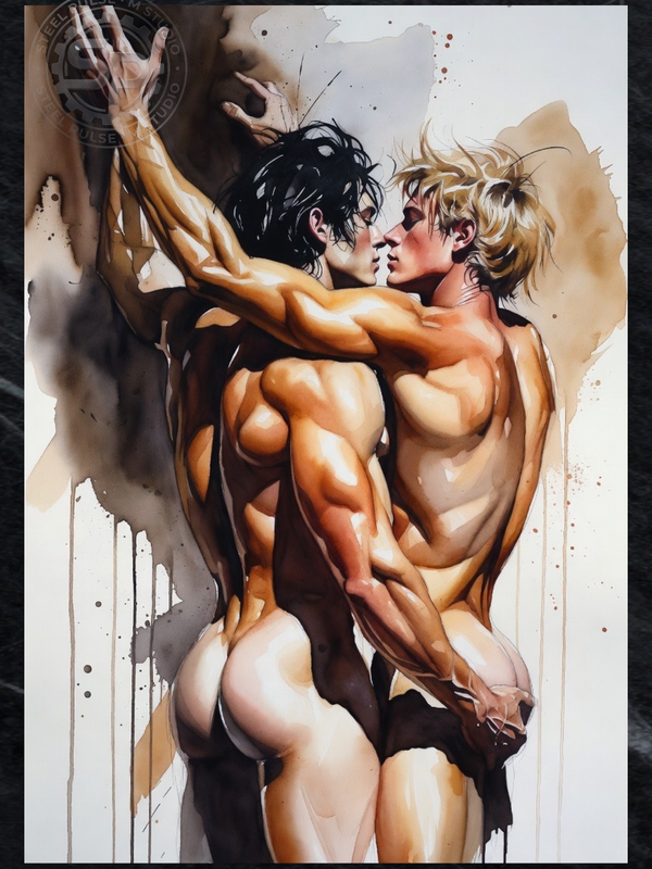 Impresión de arte erótico gay | Hombres musculosos besándose y abrazándose contra la pared | Desnudo homoerótico en acuarela | Arte de pared de pasión masculina intensa | 4 tamaños