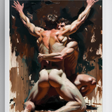 Gay Erotic Art Print | Muscular Men in Passionate Struggle | Oil-Style Homoerotic Nude | Intense Male Duo Fantasy Wall Art | 4 Sizes