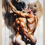 Gay Erotic Art Print | Muscular Men Kissing Embrace Against Wall | Watercolor Homoerotic Nude | Intense Male Passion Wall Art | 4 Sizes