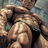 Anime Bodybuilder Print, Muscular Manga Man, Low Angle Locker Room Wall Art