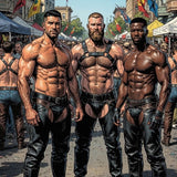 Gay Pride Leather Street Festival Art Print, Muscular Men Comic Illustration, Chaps and Harness LGBTQ+ Wall Decor, Moody SF Folsom Inspired