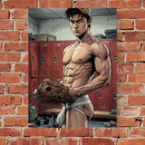 Muscular Baseball Player Print, Manga Locker Room Wall Art, Athletic Comic Illustration