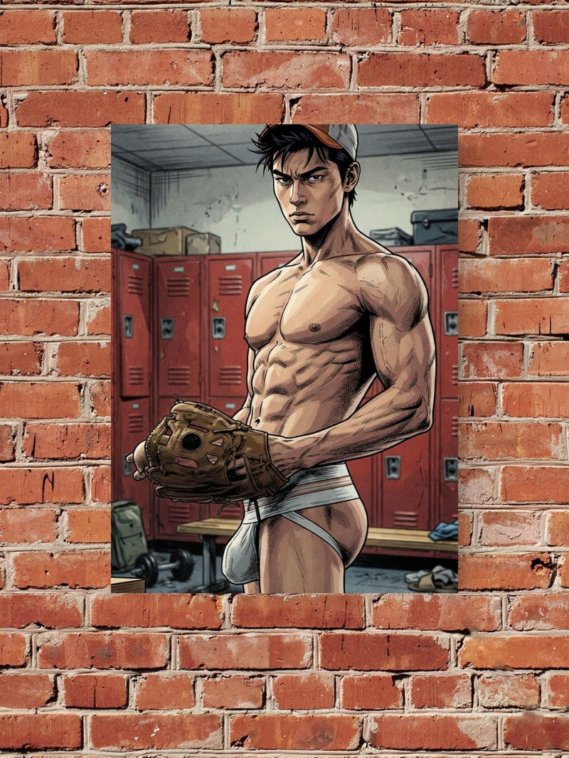 Muscular Baseball Player Print, Manga Locker Room Wall Art, Athletic Comic Illustration