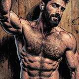 Bearded Man Comic Art Print, Muscular Hairy Male Portrait Illustration, Rustic Wooden Background Wall Decor, Athletic Guy Fine Art
