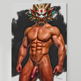 Gay Erotic Art Print | Muscular Male Nude with Dragon Mask | Digital Fantasy Wall Art | Sexy Homoerotic Artwork | 4 Sizes Available