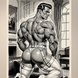 Gay Erotic Art Print | Leather Harness Muscle Back | Powerhouse Rear Pose | Homoerotic BDSM Fantasy | 4 Sizes