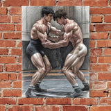 Classic Wrestling Match Fine Art Print, Muscular Men Athletic Illustration, Vintage Poster