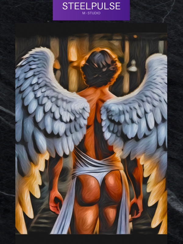 Winged Seraph's Stride Art Print | Angelic Male Figure Wall Art | Mythic LGBTQ+ Decor | SteelPulseMStudio