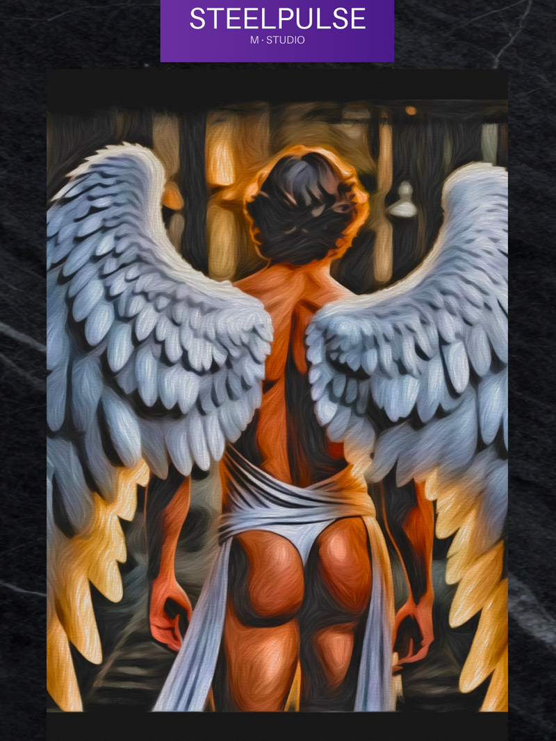 Winged Seraph's Stride Art Print | Angelic Male Figure Wall Art | Mythic LGBTQ+ Decor | SteelPulseMStudio